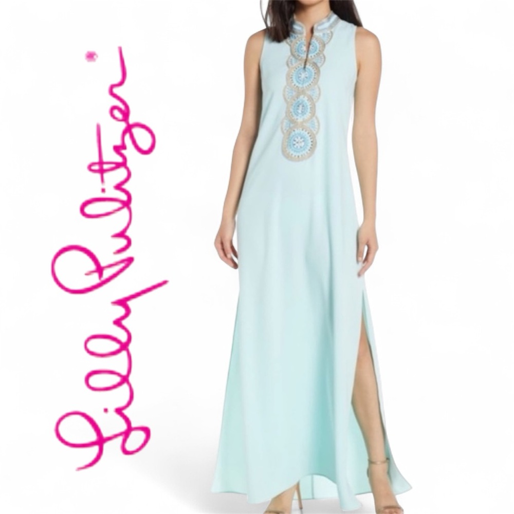 Lilly Pulitzer Light Blue Maxi Dress with Embroidered Neckline